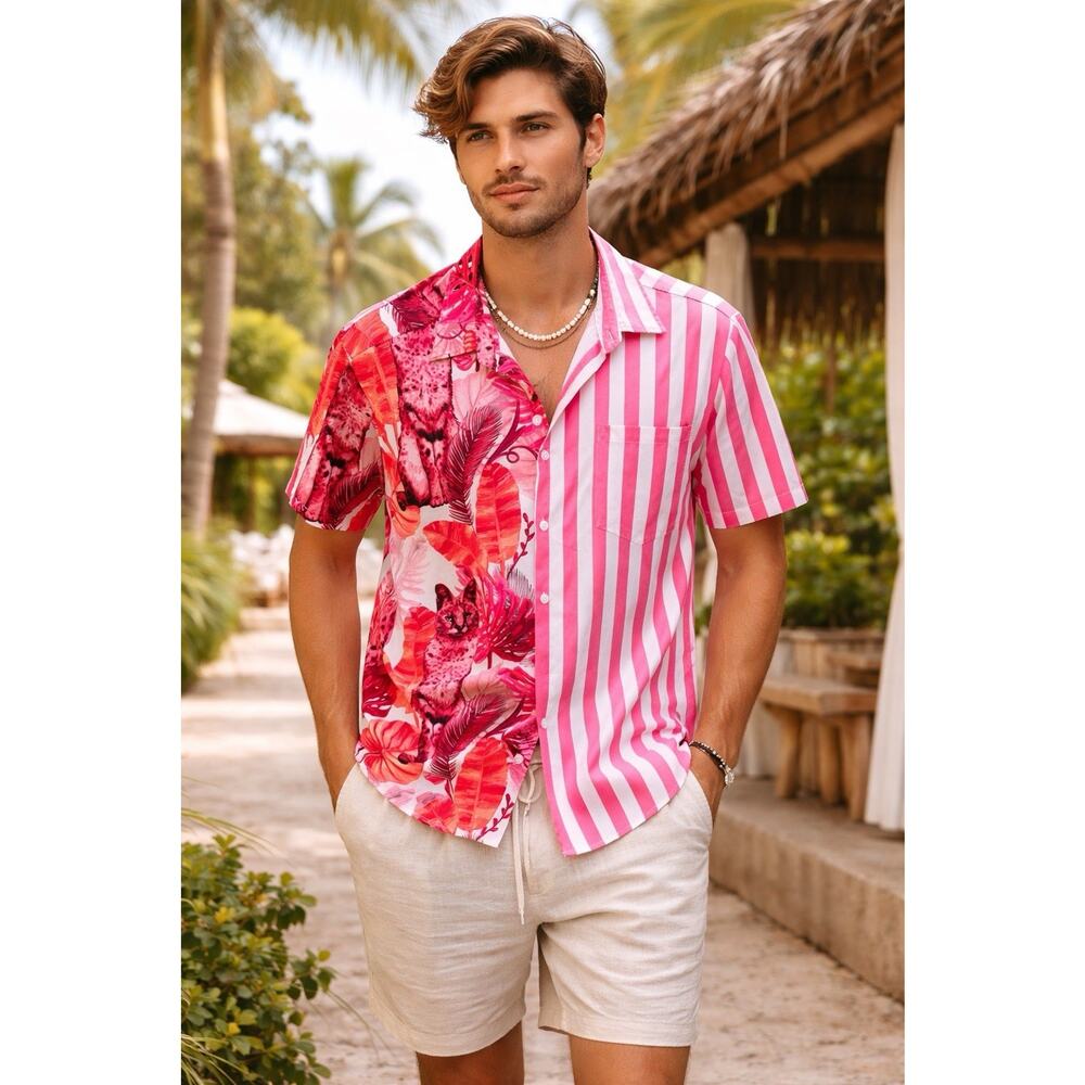 Vatpave Mens Shirt Medium Striped Cheetah Tropical Vacation Resortwear Camp